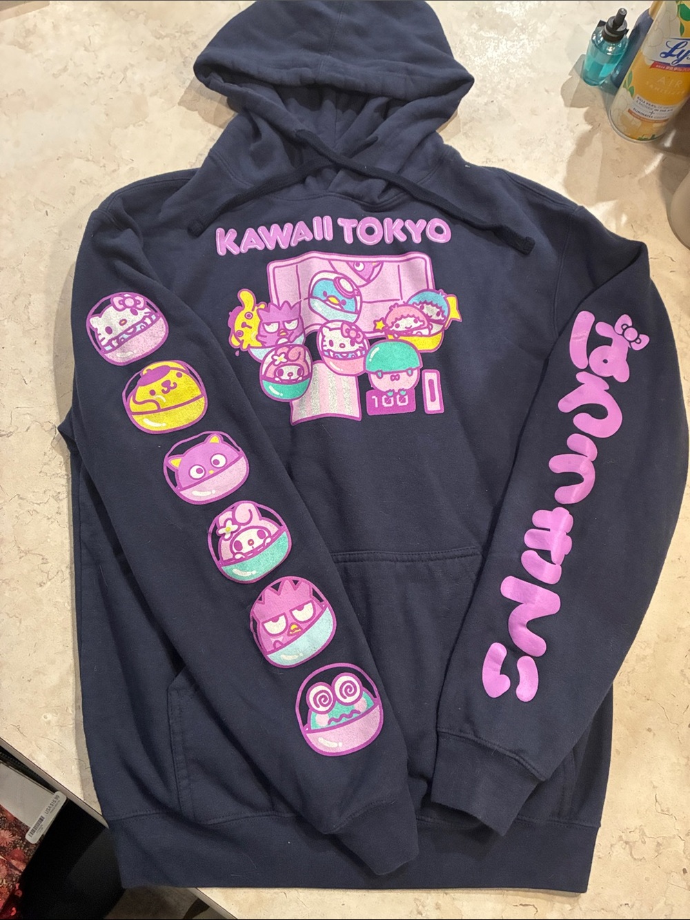 Hello Kitty Navy Hoodie with Pink and Yellow Kawaii Tokyo Graphics